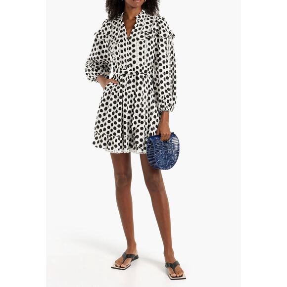 DVF Chicago Polka Dot Midi Dress NWT Size 12 Black Ivory Ruffle Cotton - Picture 1 of 6